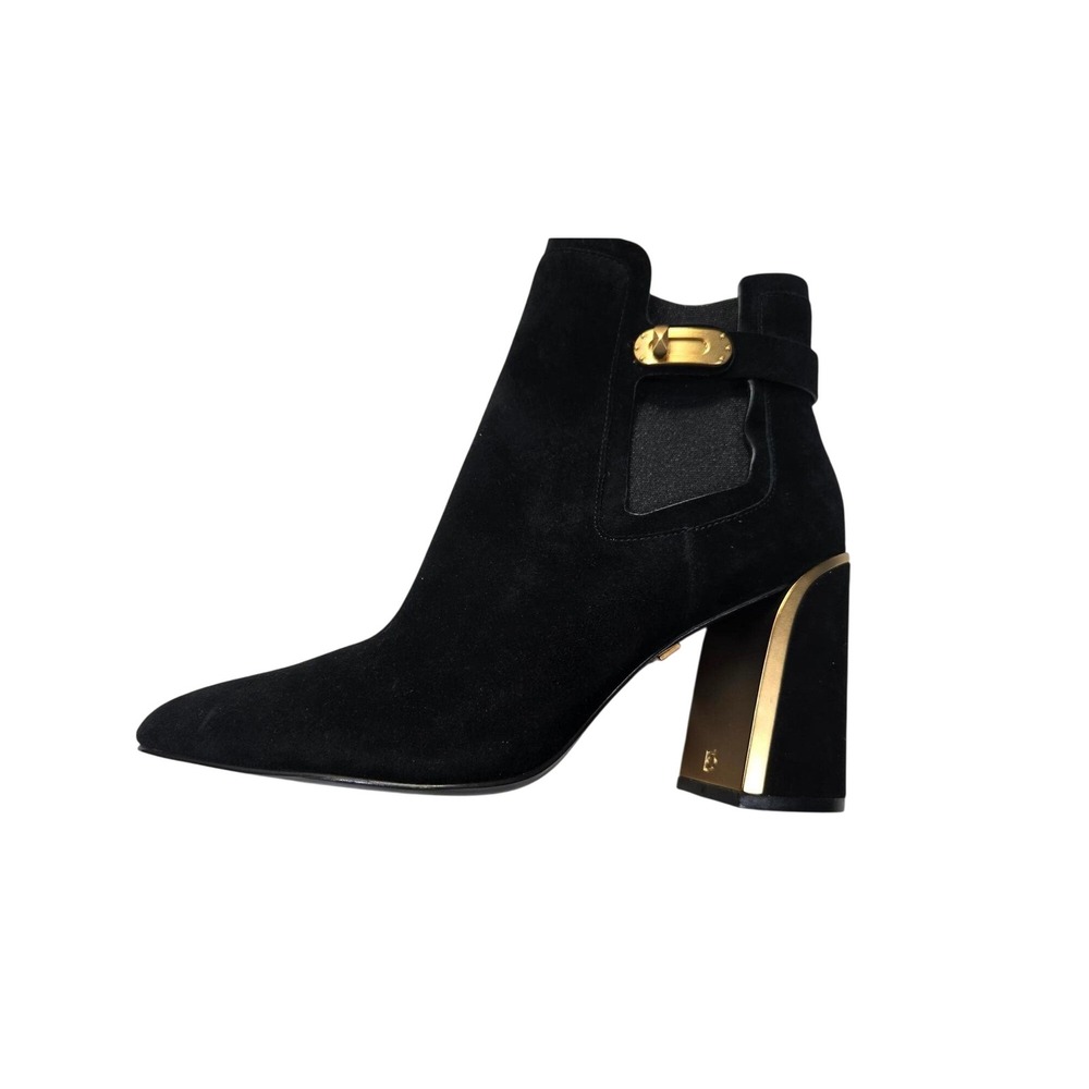 Donna Karan New York Black Suede Gold Heel Ankle Boots Pointed Toe Buckle Detail
